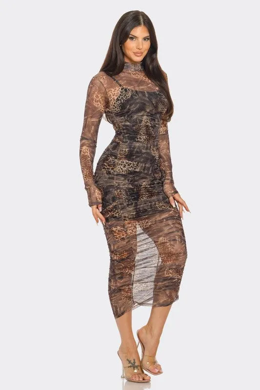 Long Mesh Animal Print Dress