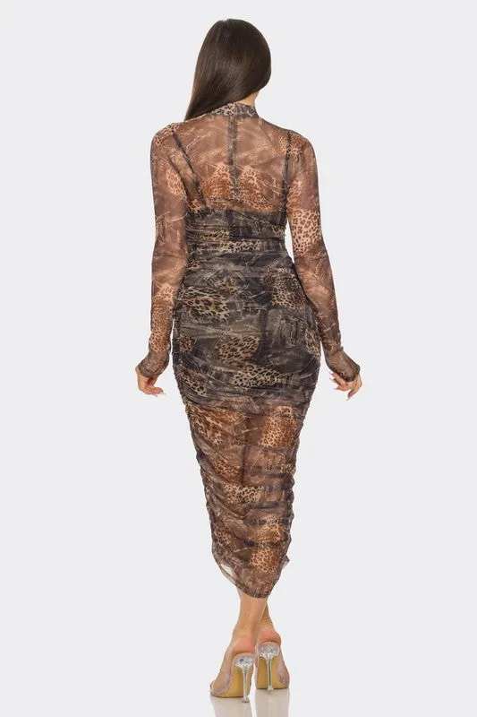 Long Mesh Animal Print Dress