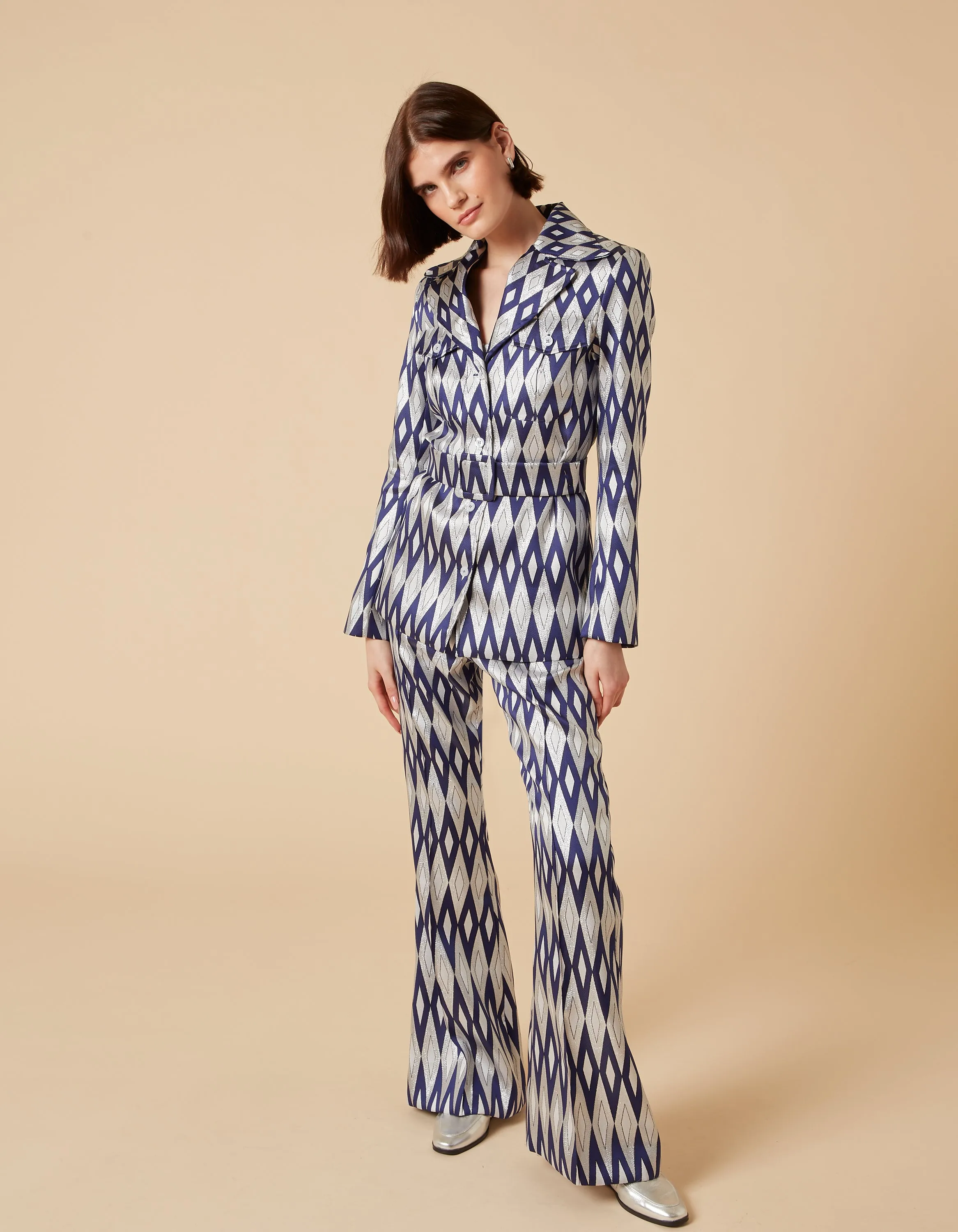 Lucille Blue Mirror Print Silk Jacquard Jacket