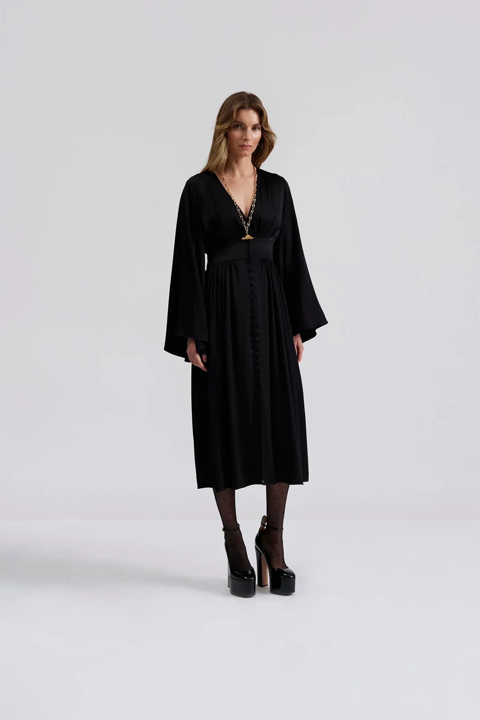 Malina Auden Black V-neck Satin Midi Dress