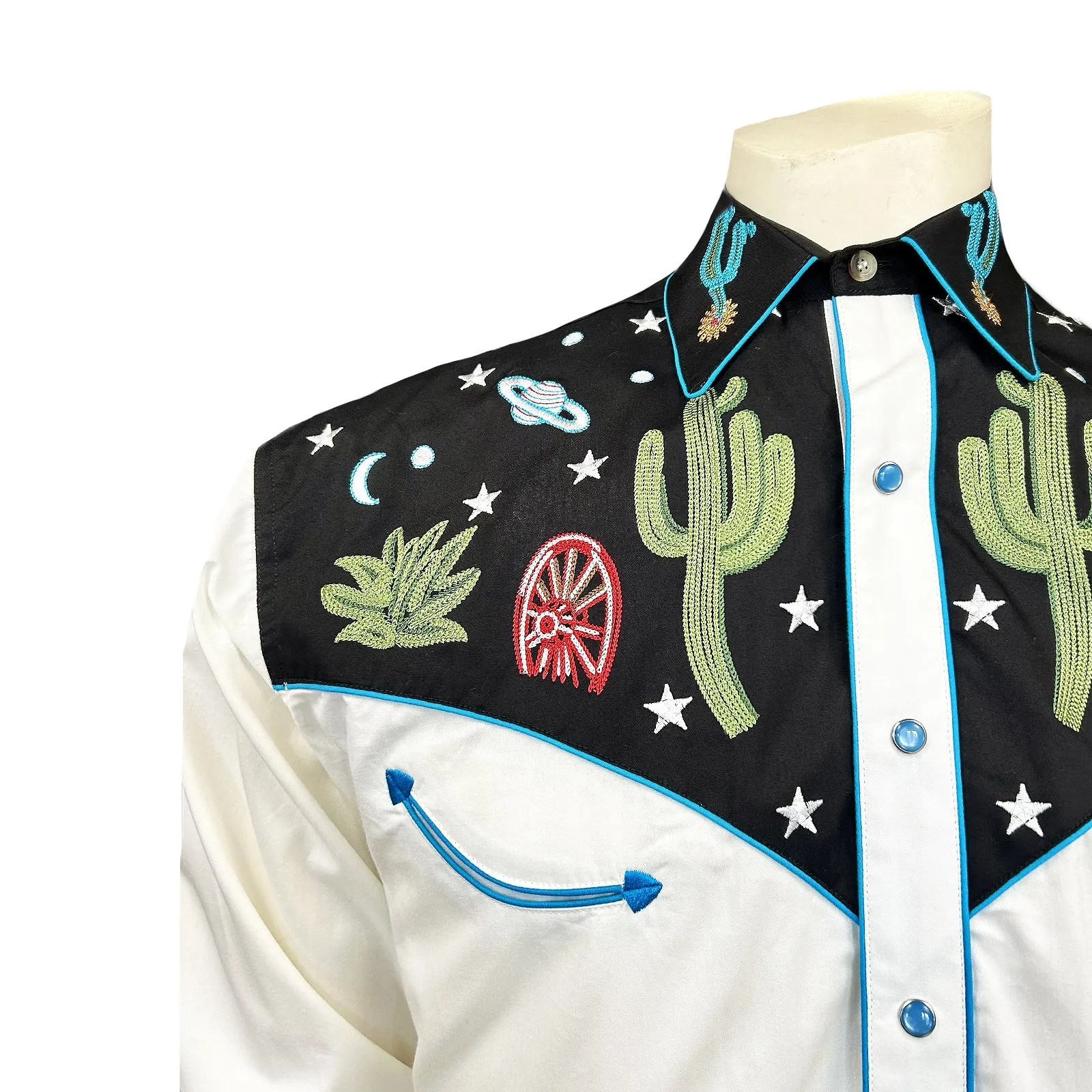 Men's Black Vintage Cactus & Stars Chain Stitch Embroidery Western Shirt