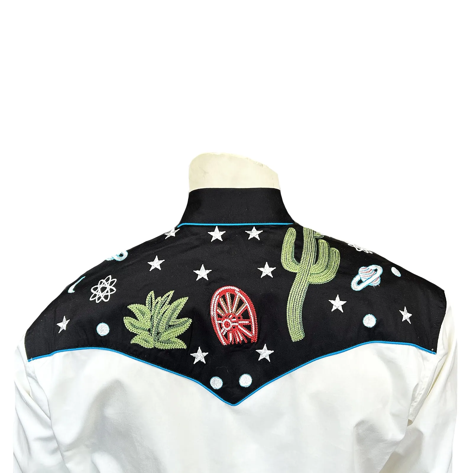 Men's Black Vintage Cactus & Stars Chain Stitch Embroidery Western Shirt