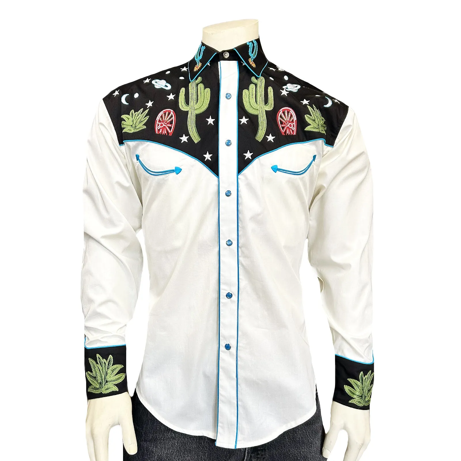 Men's Black Vintage Cactus & Stars Chain Stitch Embroidery Western Shirt