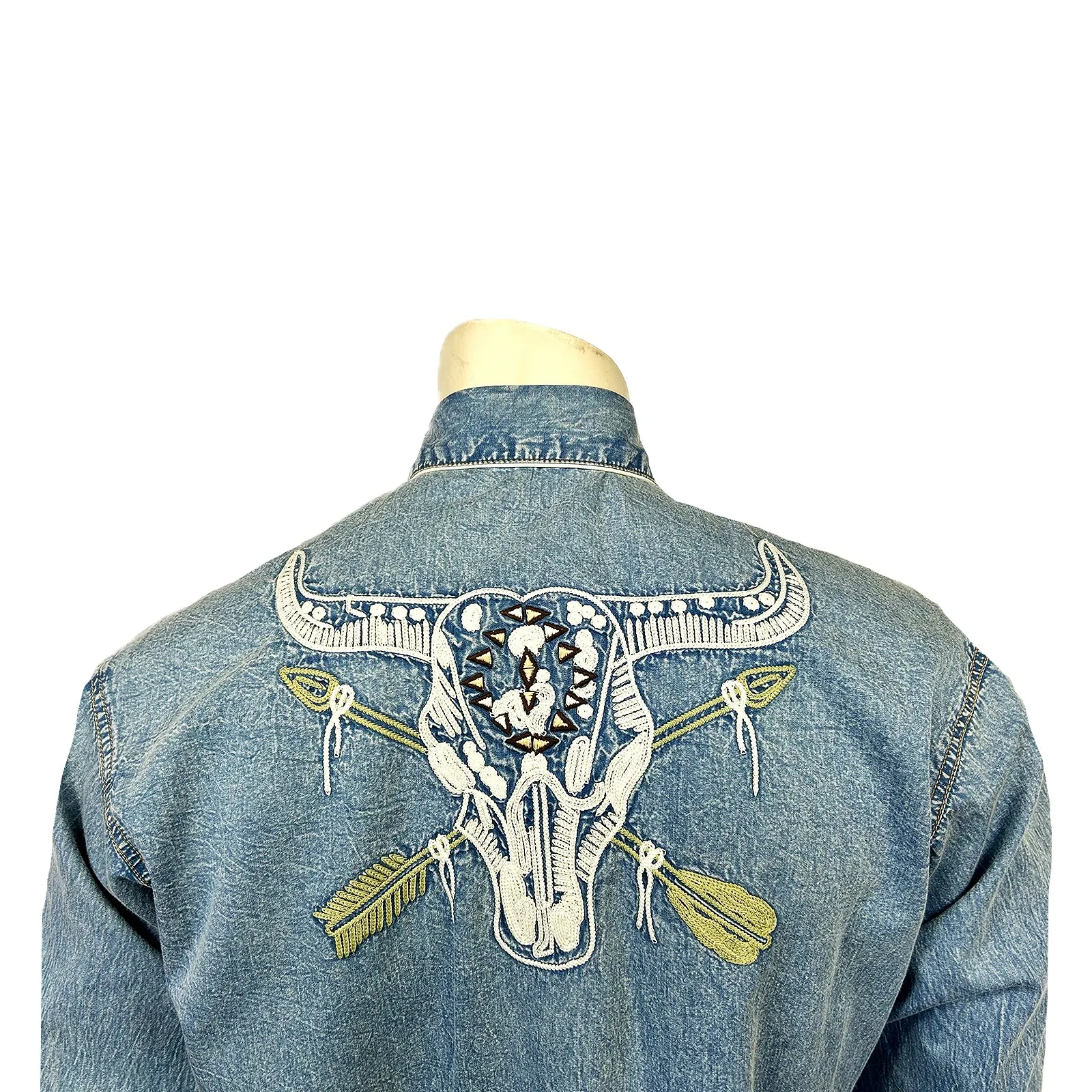 Men’s Vintage Denim Steer Skull & Arrow Chain Stitch Embroidery Western Shirt