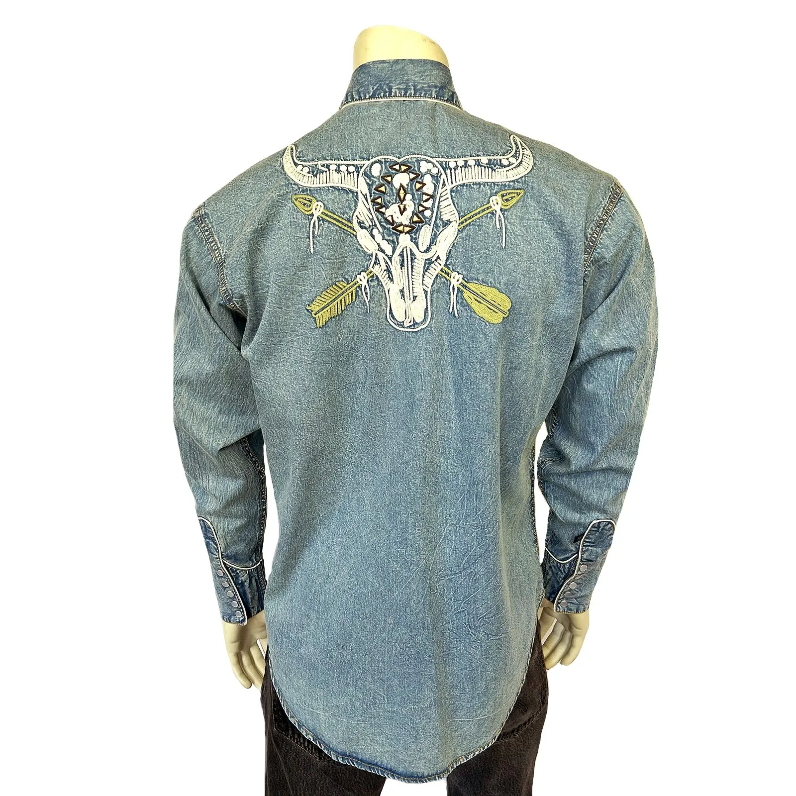 Men’s Vintage Denim Steer Skull & Arrow Chain Stitch Embroidery Western Shirt