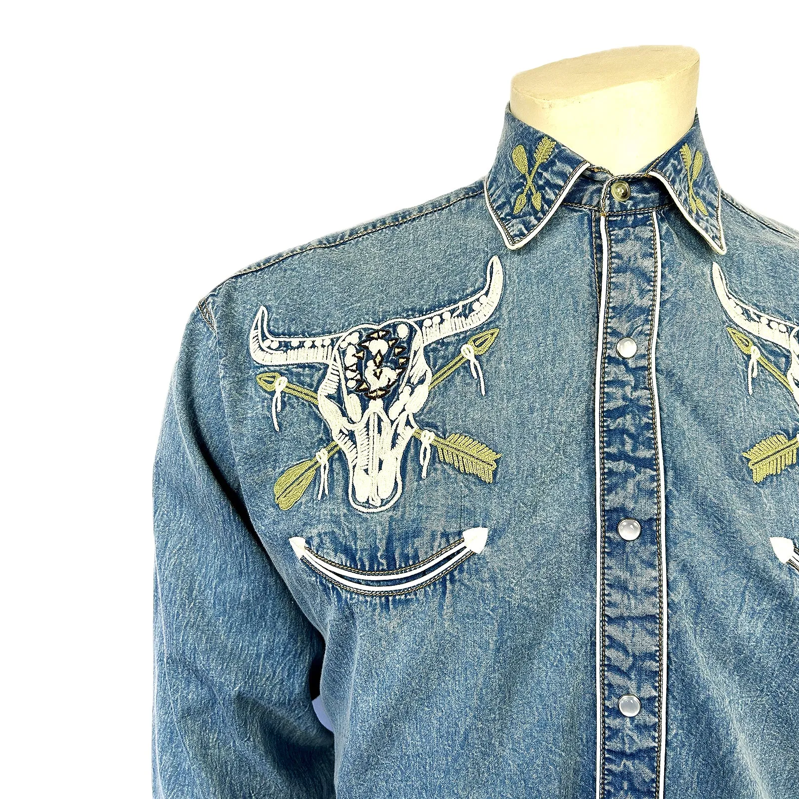 Men’s Vintage Denim Steer Skull & Arrow Chain Stitch Embroidery Western Shirt