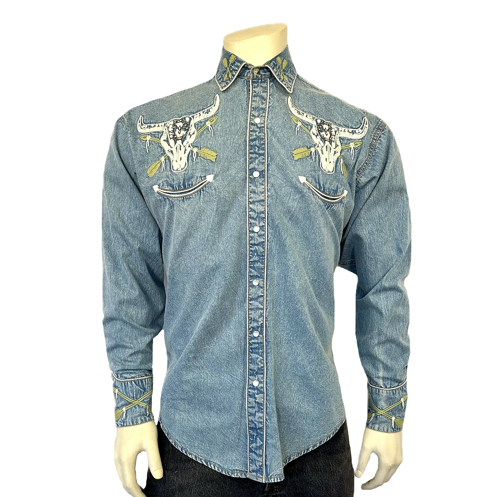 Men’s Vintage Denim Steer Skull & Arrow Chain Stitch Embroidery Western Shirt