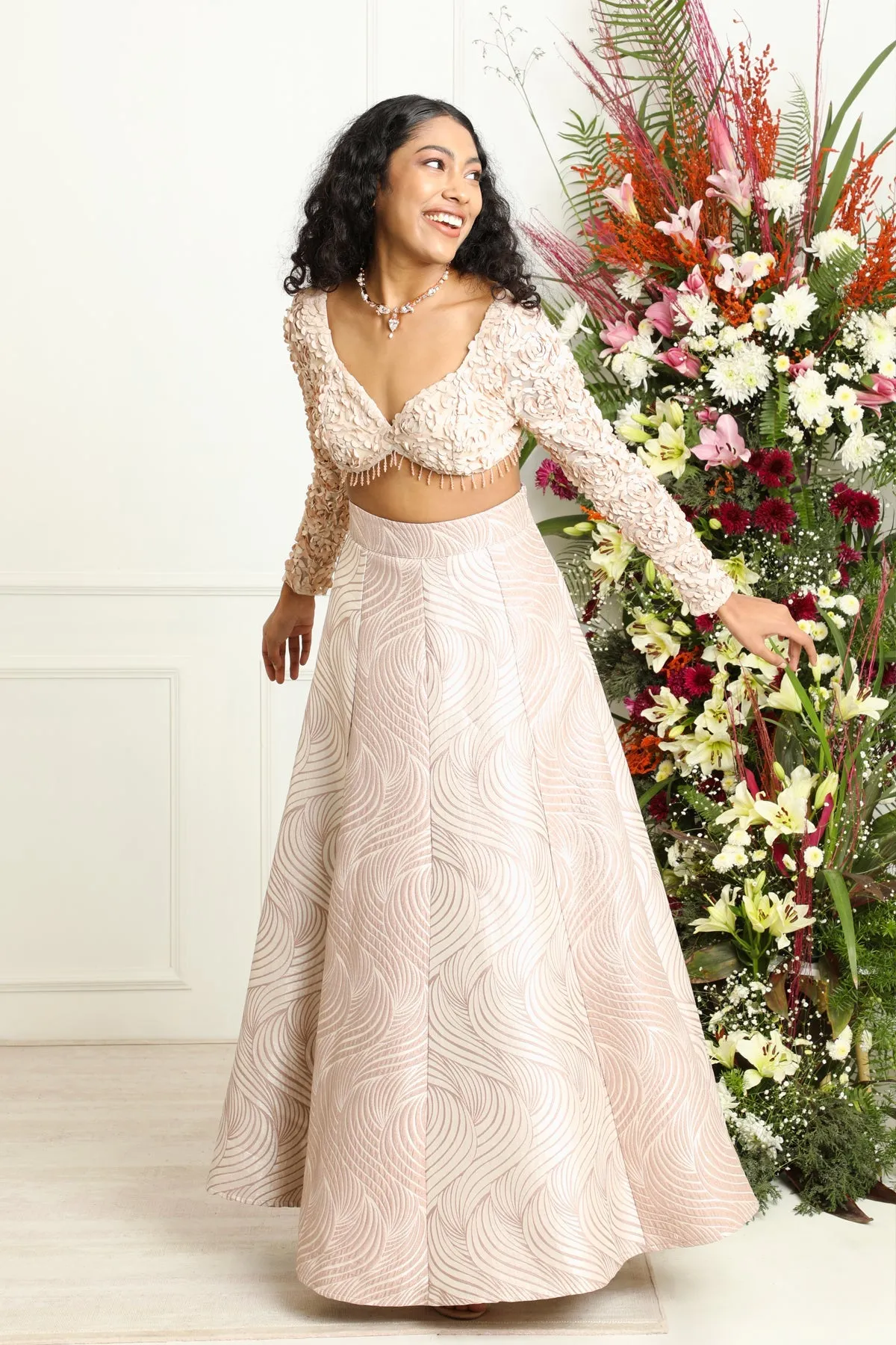 Mina and Idika Rose Gold Silk Jacquard Kali Lehenga Set