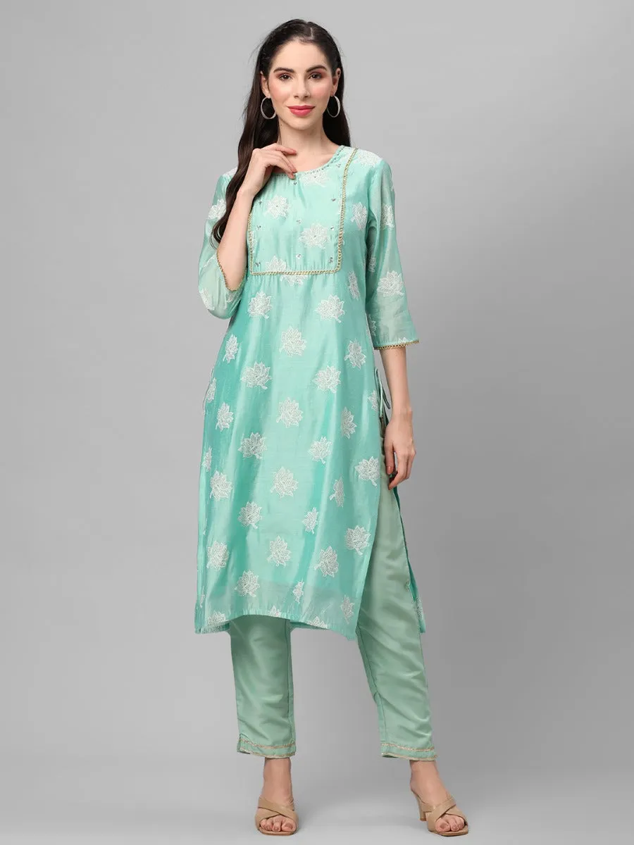 Mint Green Floral Printed Kurta With Trouser