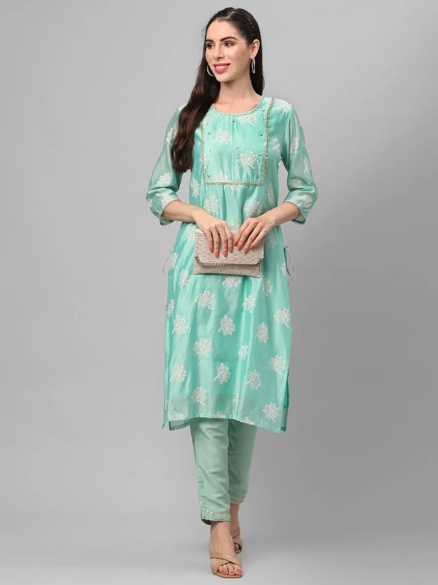 Mint Green Floral Printed Kurta With Trouser