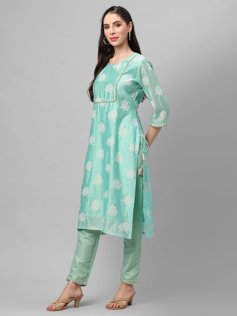 Mint Green Floral Printed Kurta With Trouser