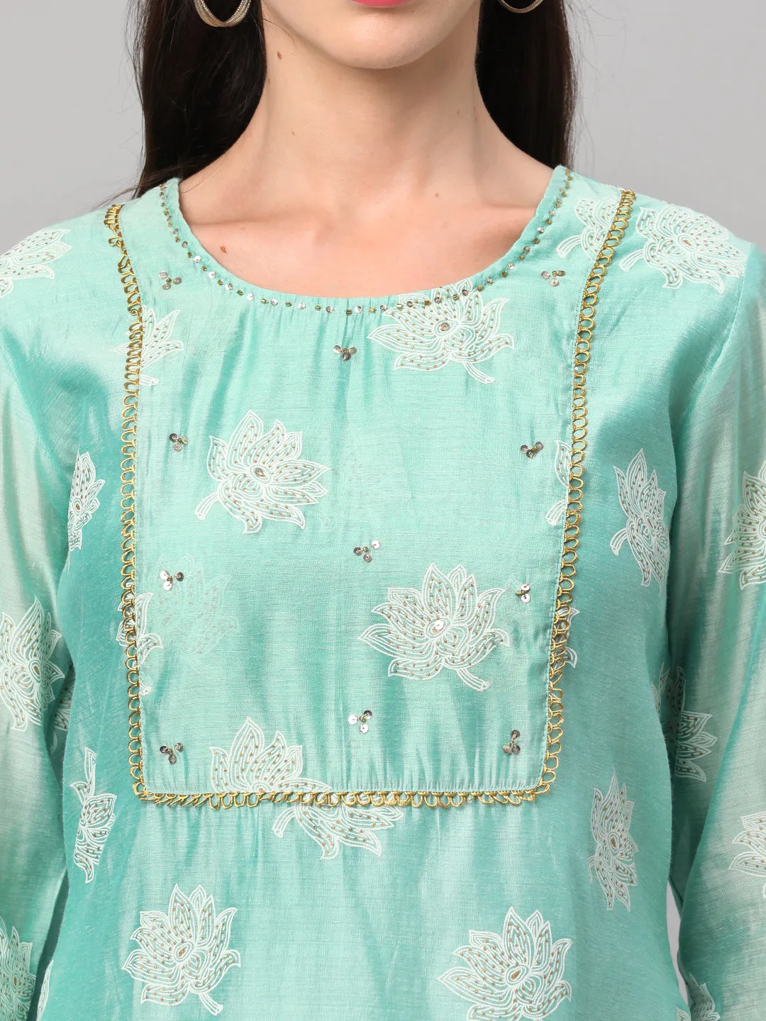 Mint Green Floral Printed Kurta With Trouser