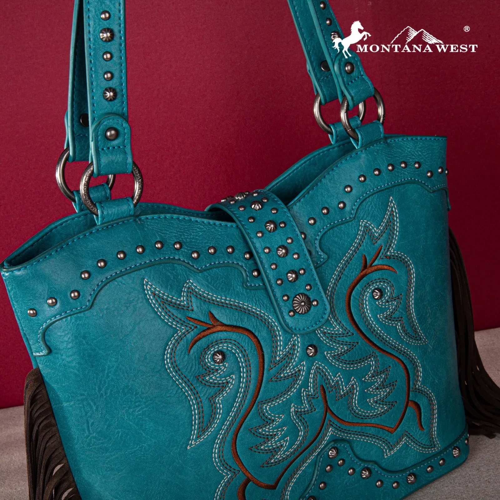 Montana West Embroidered Fringe Collection Concealed Carry Boot Purse Tote