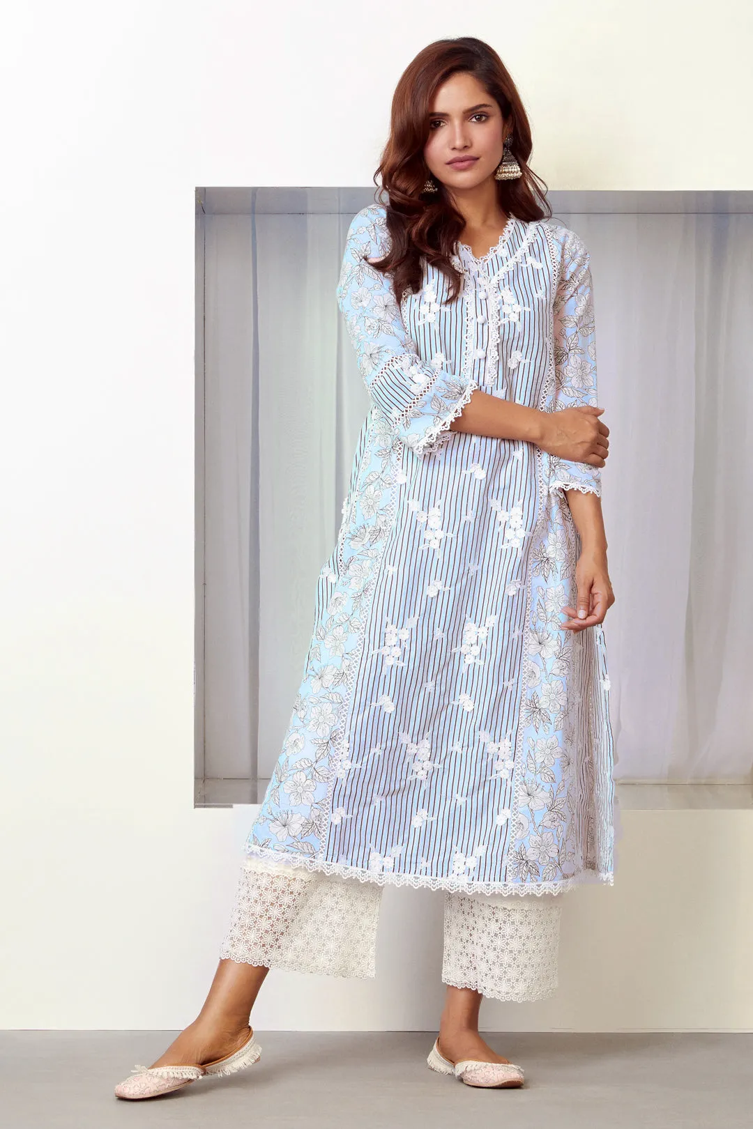 Mulmul Cotton Carnaby Light Blue Kurta