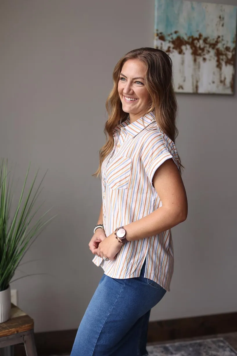 Multi Color Stripe Short Sleeve Button Up Top