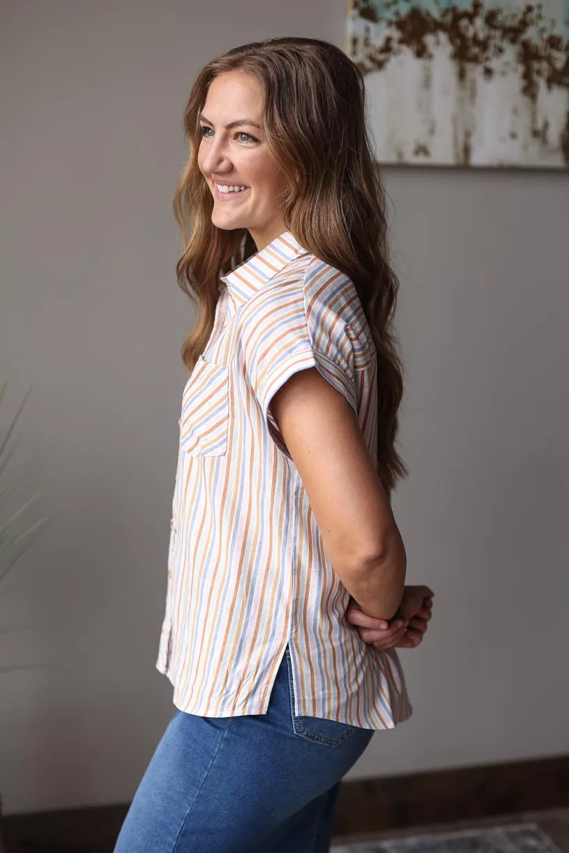 Multi Color Stripe Short Sleeve Button Up Top