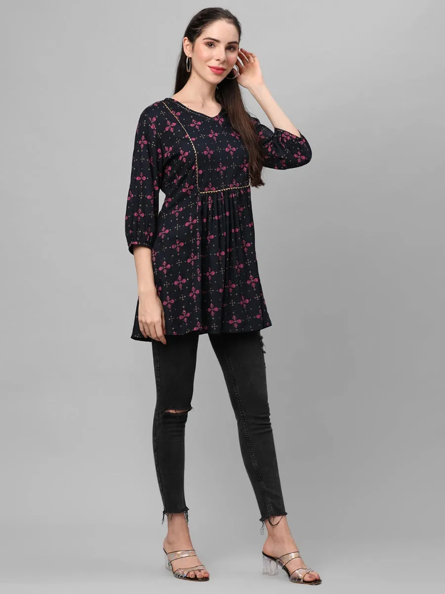 Navy Blue Ornamental Printed Tunic