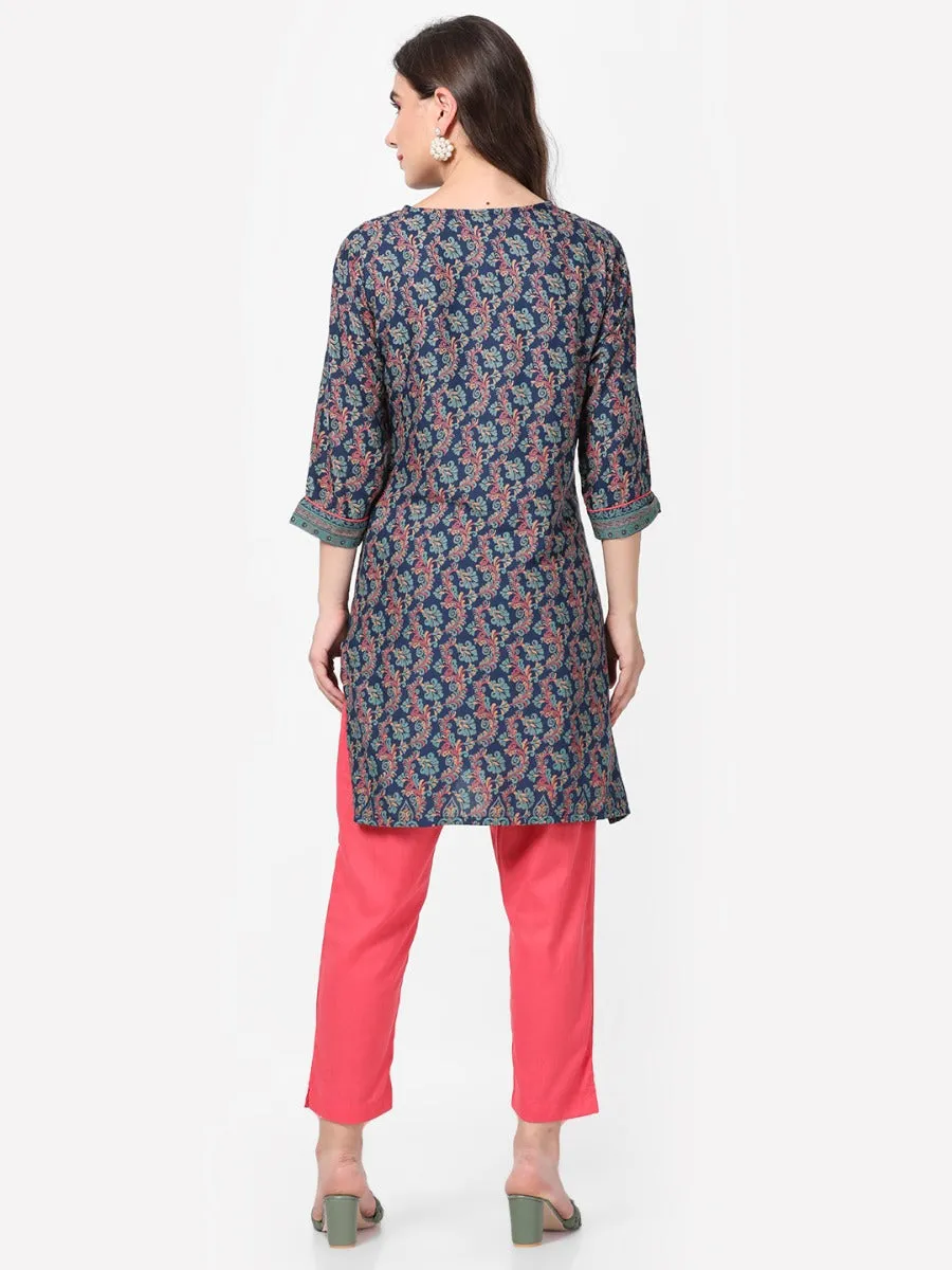 Navy Floral Printed Kurta