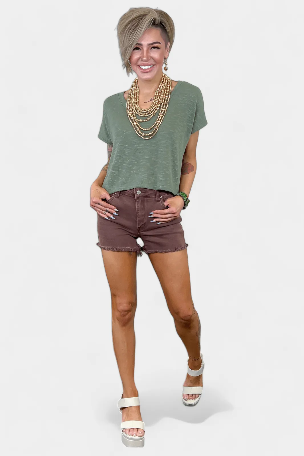 Olive V Neck Short Sleeve Crop Top