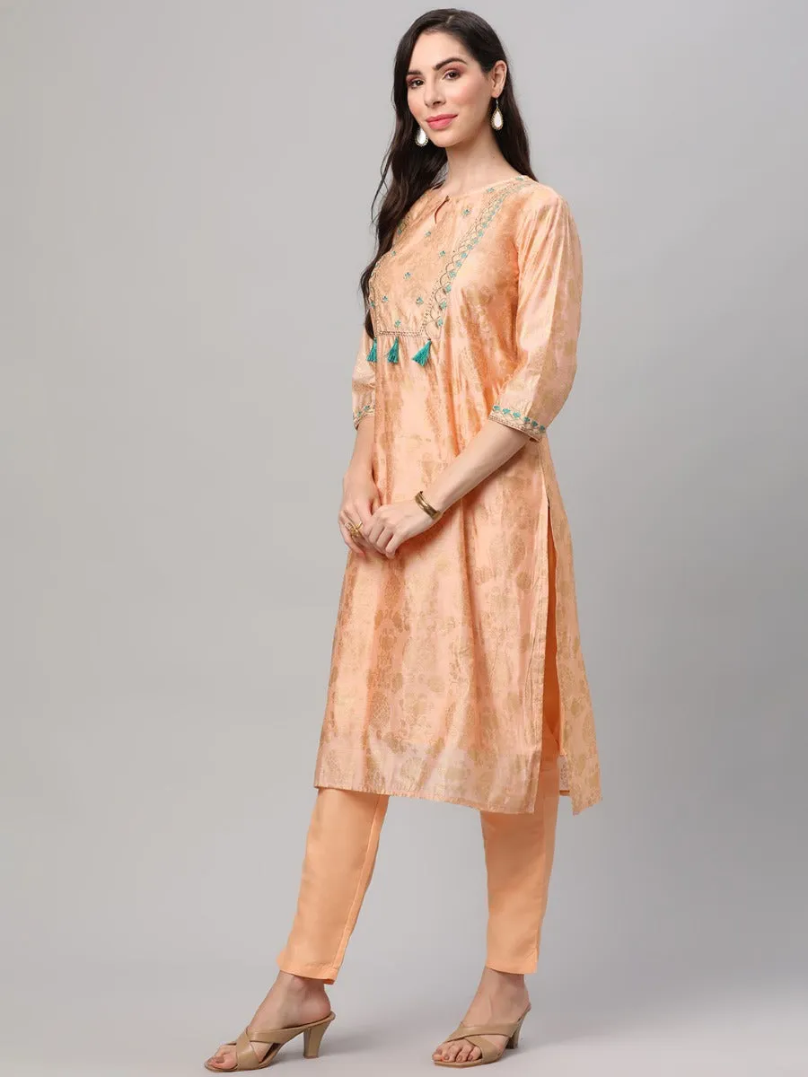 Peach Floral Printed Kurta Trouser Dupatta