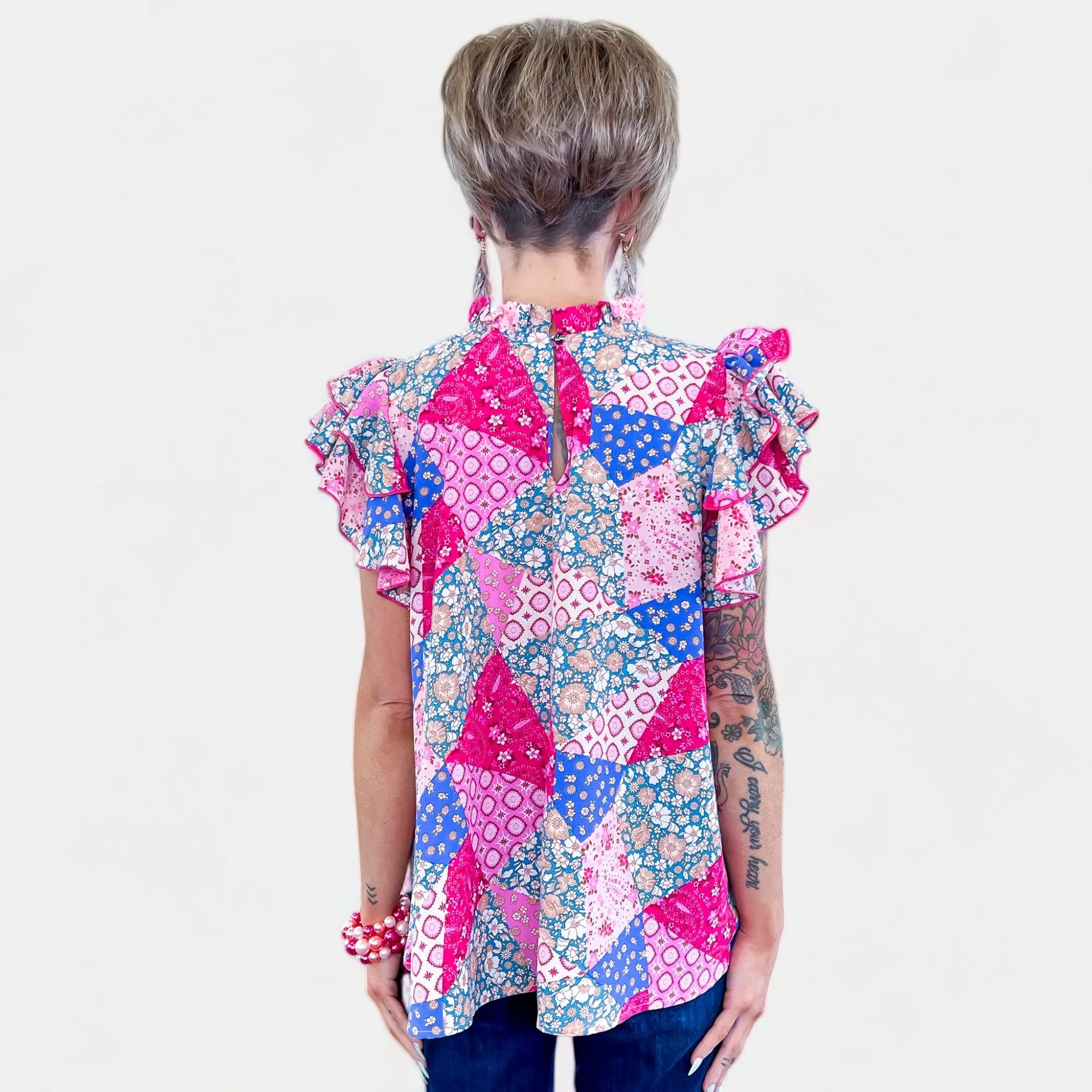 Pink & Blue Patchwork Ruffle Top