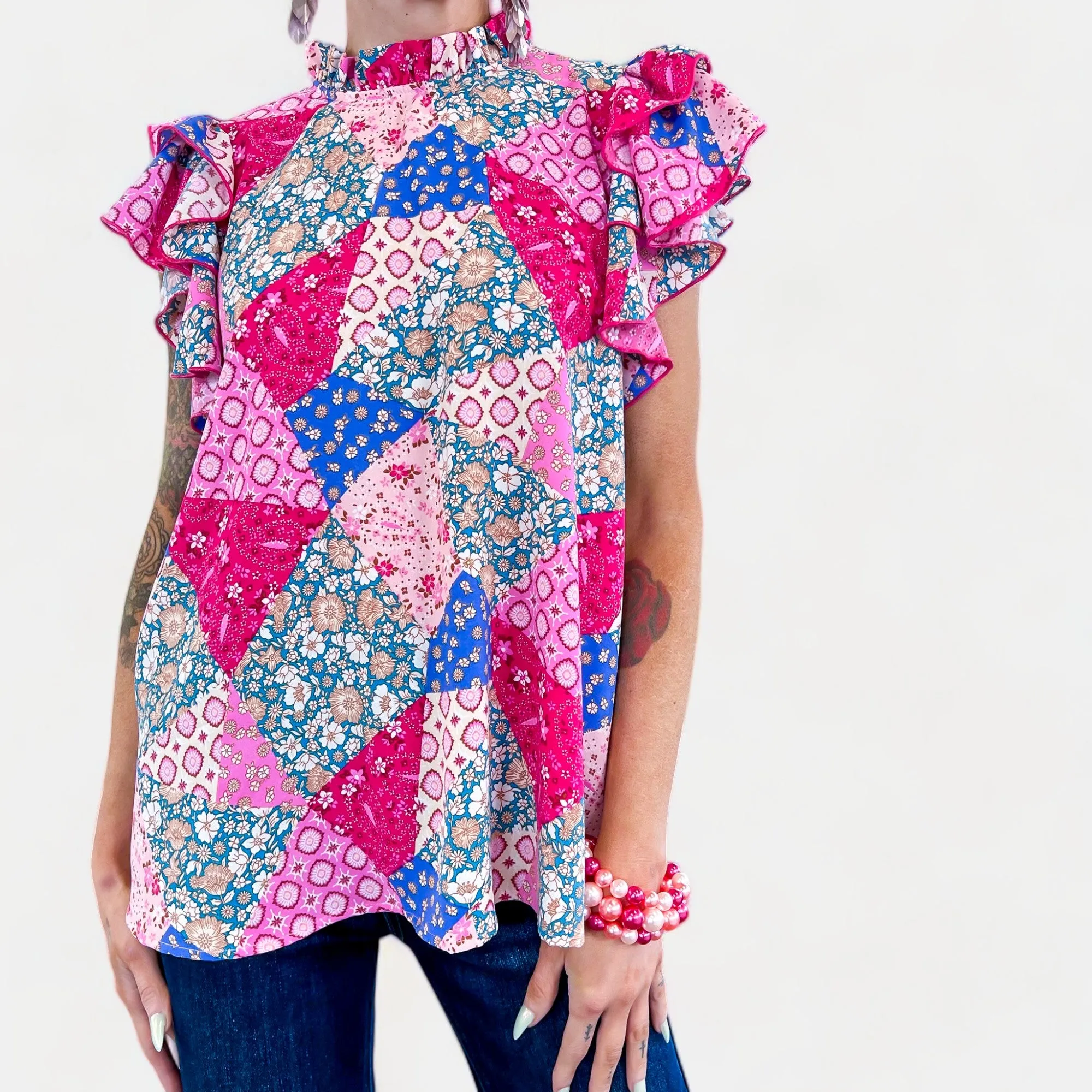 Pink & Blue Patchwork Ruffle Top