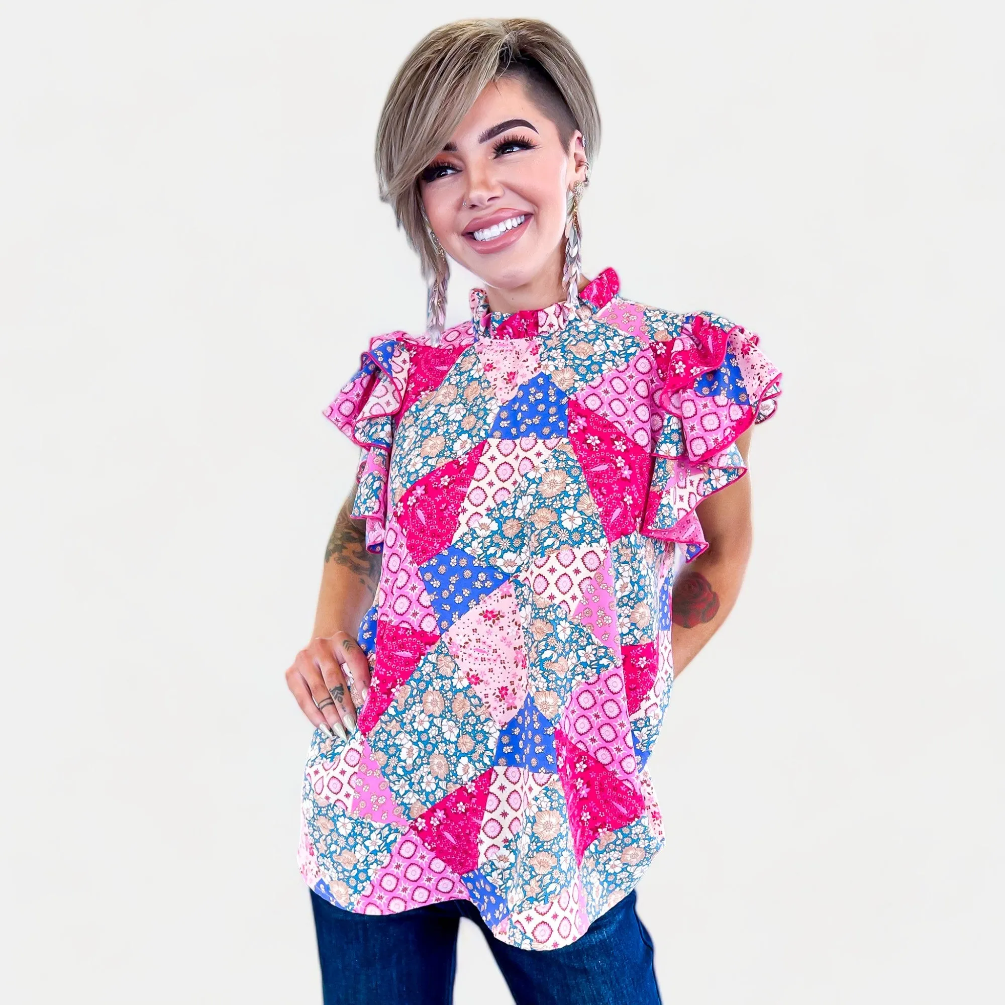 Pink & Blue Patchwork Ruffle Top