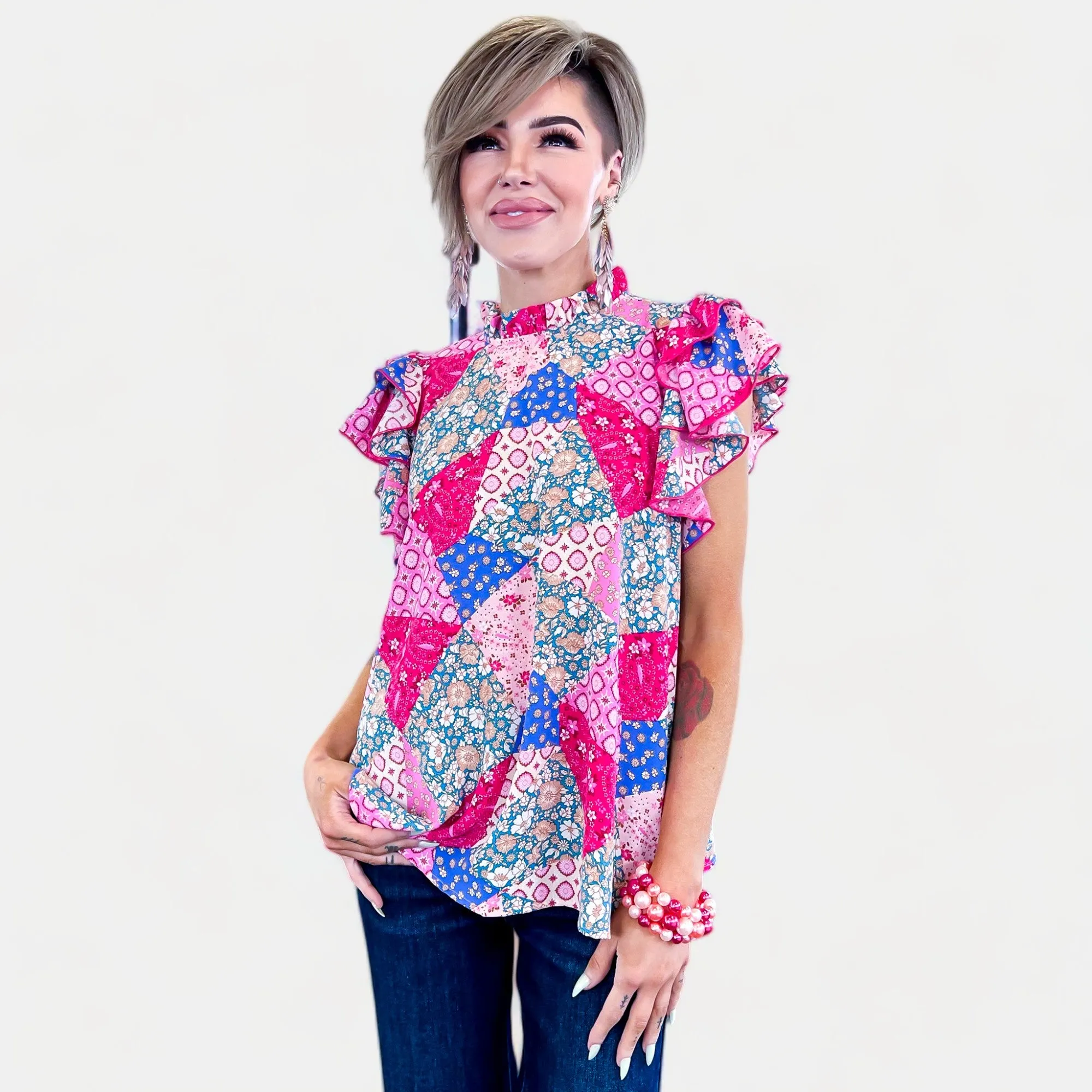 Pink & Blue Patchwork Ruffle Top