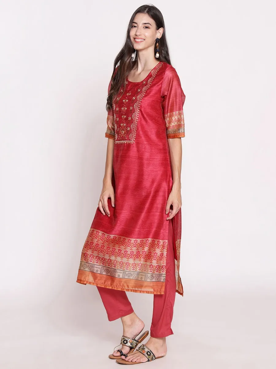 Pink Floral Printed Kurta Trouser Dupatta