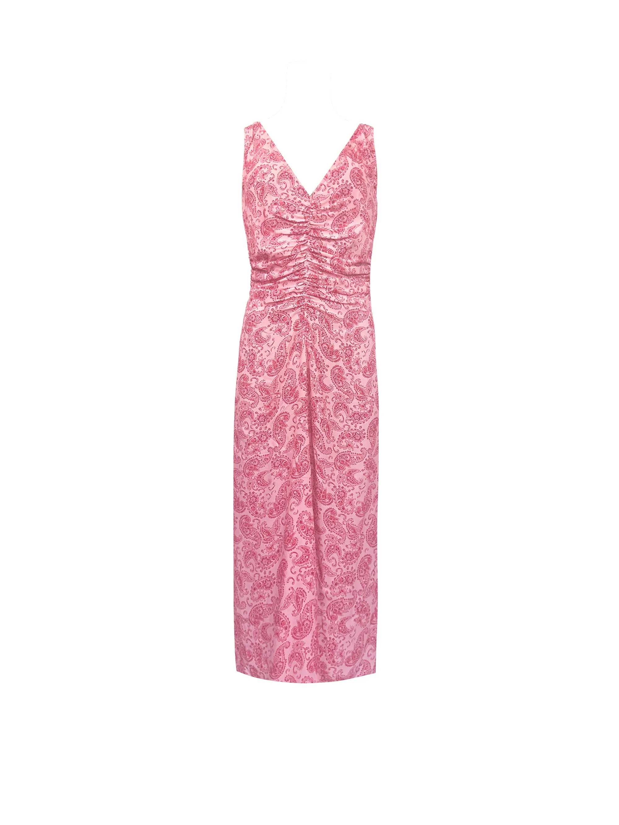 Pink Paisley Ruched Front V-Neck Midi Dress