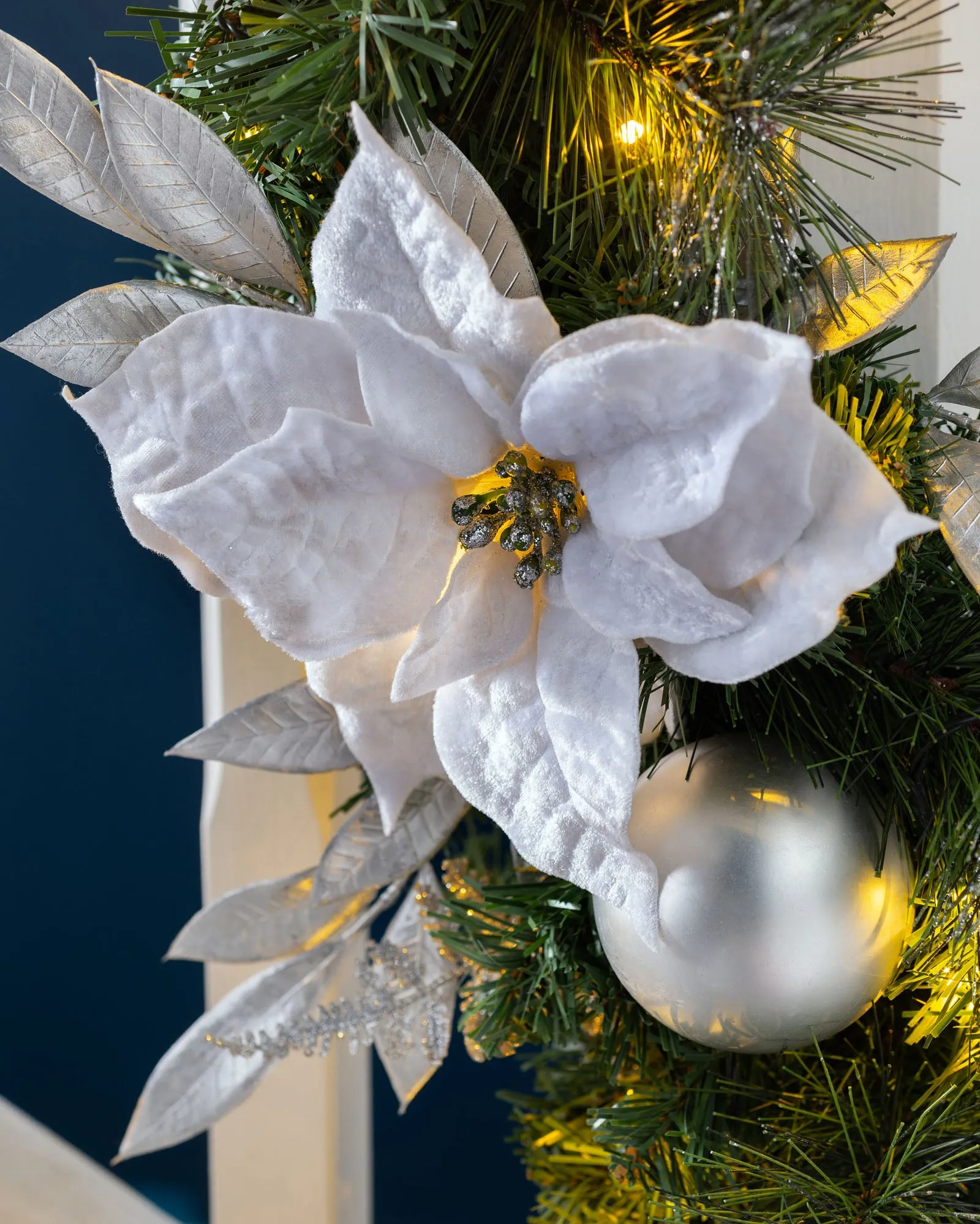 Pre-Lit Extra Thick Decorated Garland, Silver/White, 9 ft