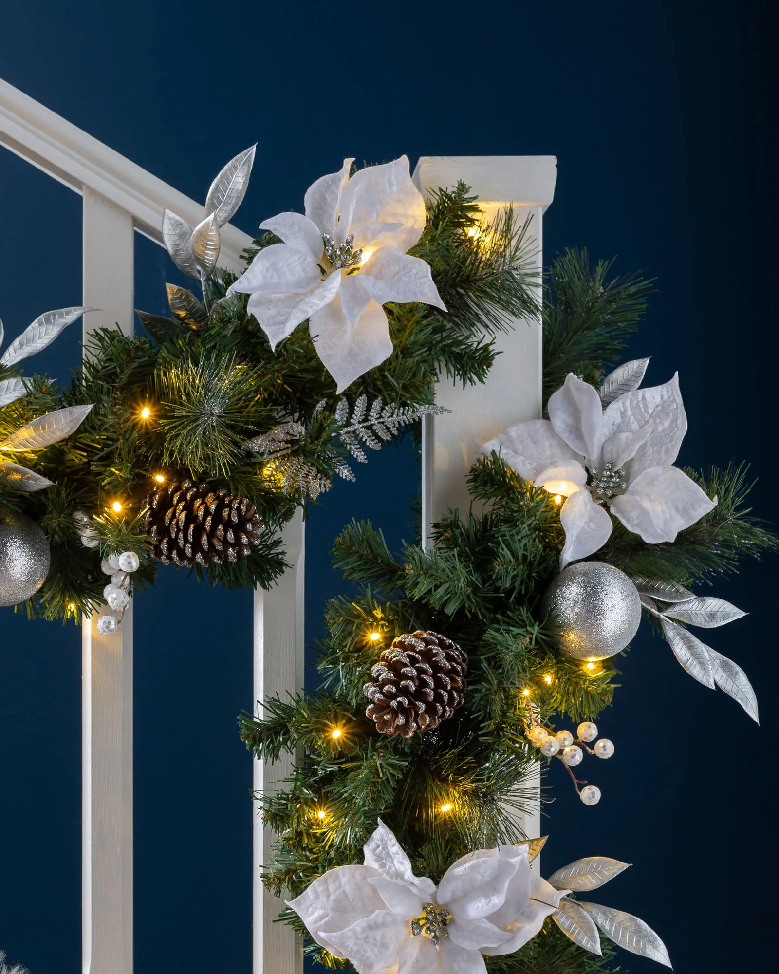 Pre-Lit Extra Thick Decorated Garland, Silver/White, 9 ft