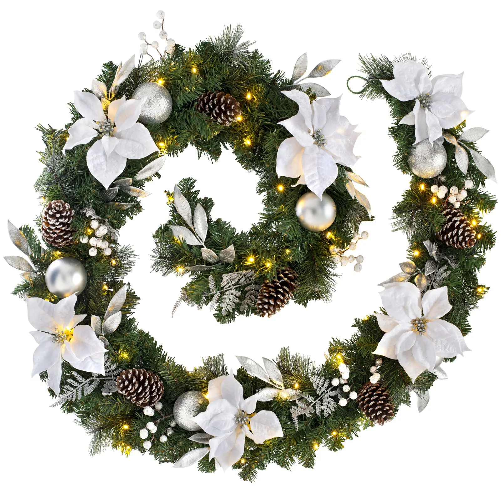 Pre-Lit Extra Thick Decorated Garland, Silver/White, 9 ft