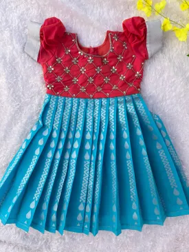 PRE ORDER : Red and Turquoise Pleated Party Frock