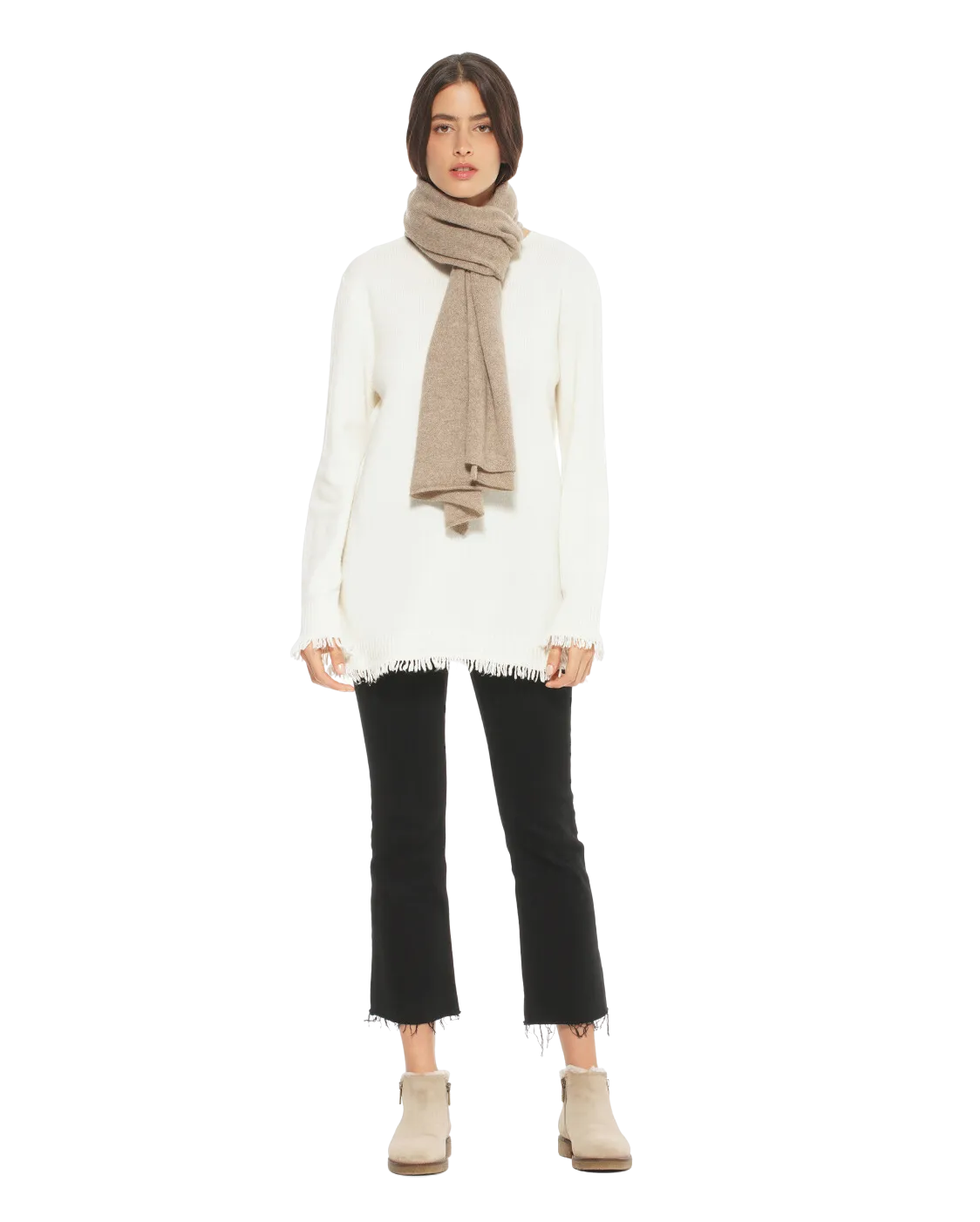 Pure Cashmere Plain Knit Scarf Milk White