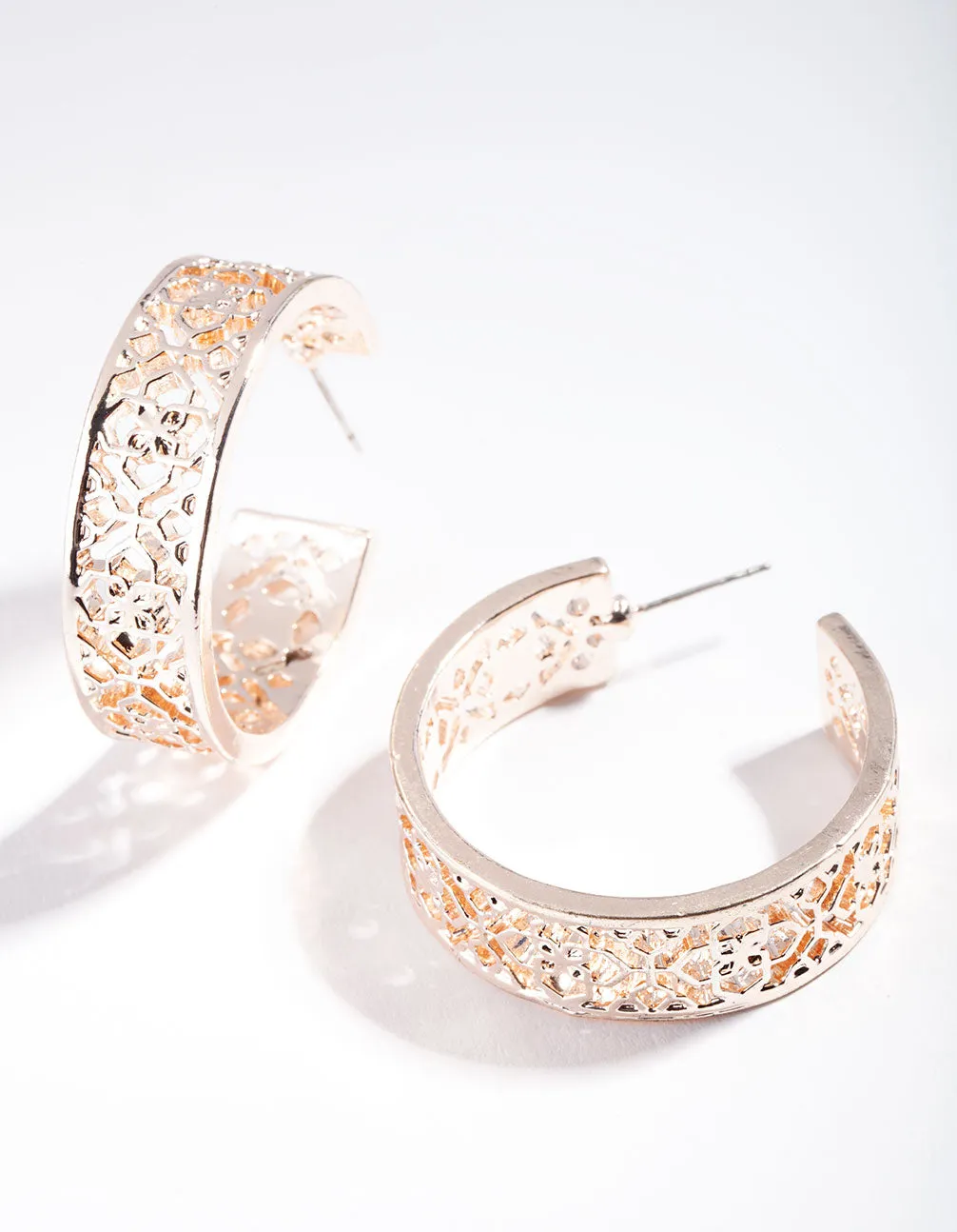 Rose Gold Wide Filigree Open Hoop Earrings