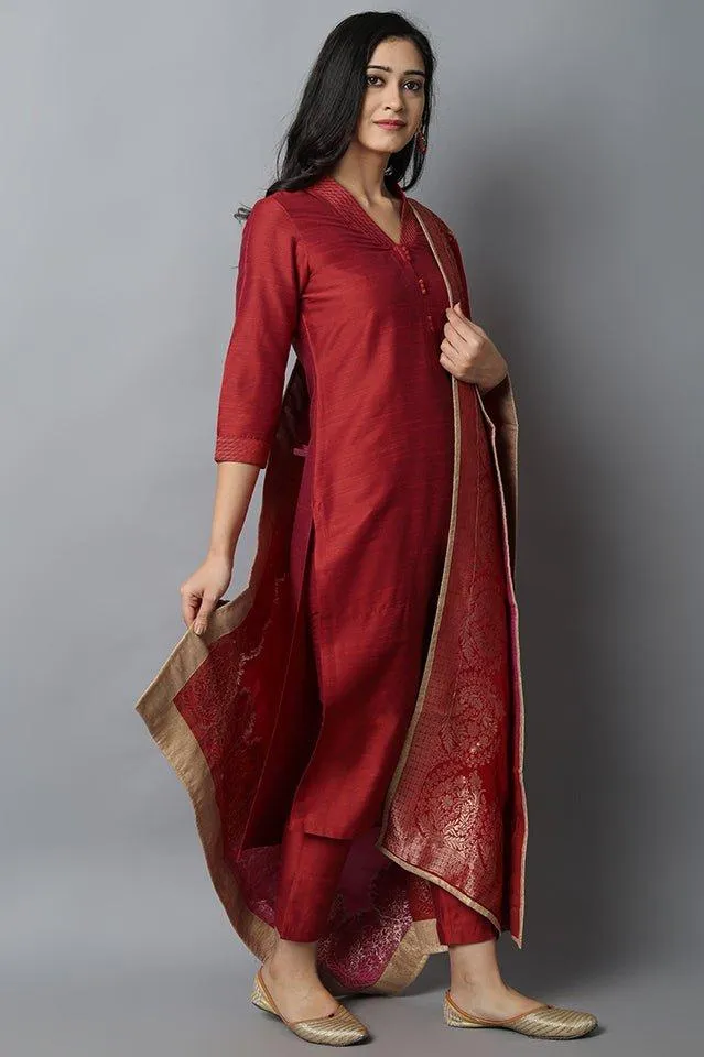 Rust Silk Lapel Kurta Pants Set