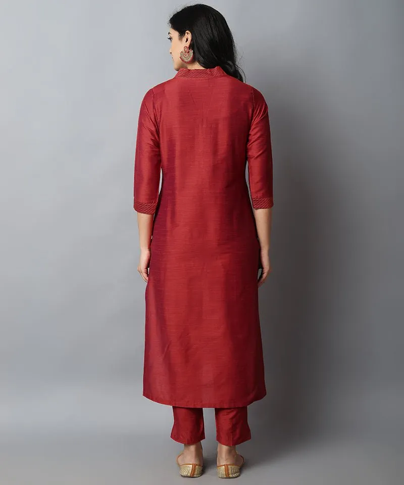 Rust Silk Lapel Kurta Pants Set