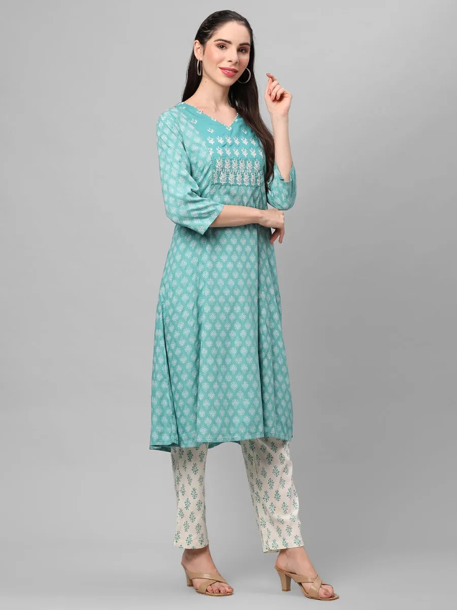 Sea Green Floral Printed Kurta With Trouser