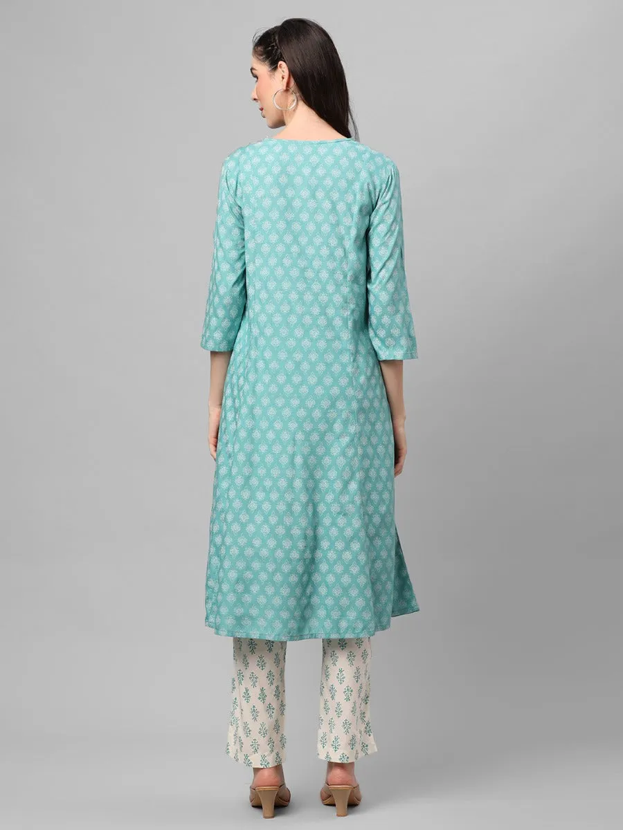 Sea Green Floral Printed Kurta With Trouser