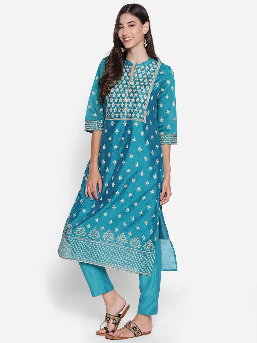 Teal Floral Printed Kurta With Trouser