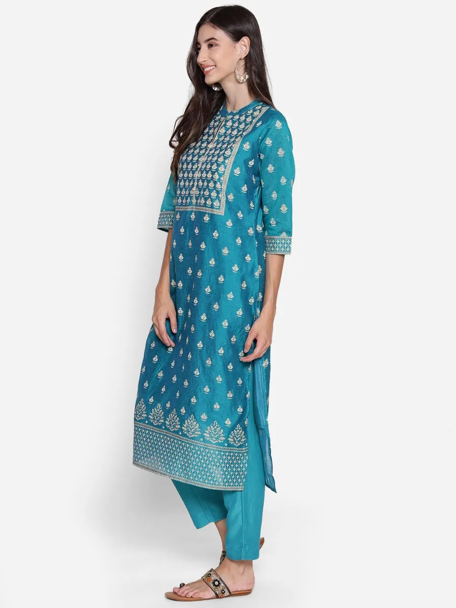 Teal Floral Printed Kurta With Trouser