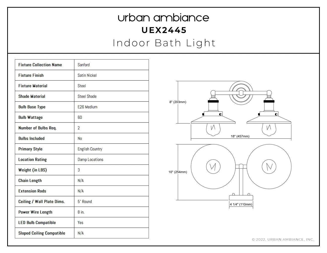 UEX2445 New Traditional Bath Light 8''H x 18''W, Satin Nickel Finish, Sanford Collection