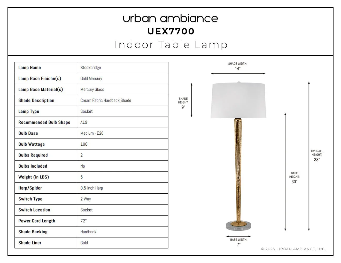 UEX7700 Traditional Table Lamp 14''W x 14''D x 38''H, Gold Mercury Finish, Stockbridge Collection