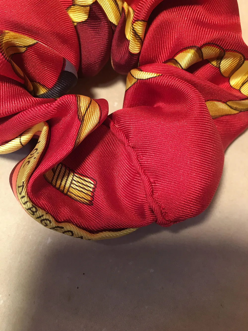 Vintage Hermes Handmade Les Folies du Ciel Silk Scarf Scrunchie in Dark Red