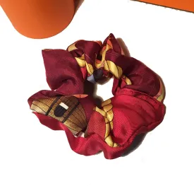 Vintage Hermes Handmade Les Folies du Ciel Silk Scarf Scrunchie in Dark Red