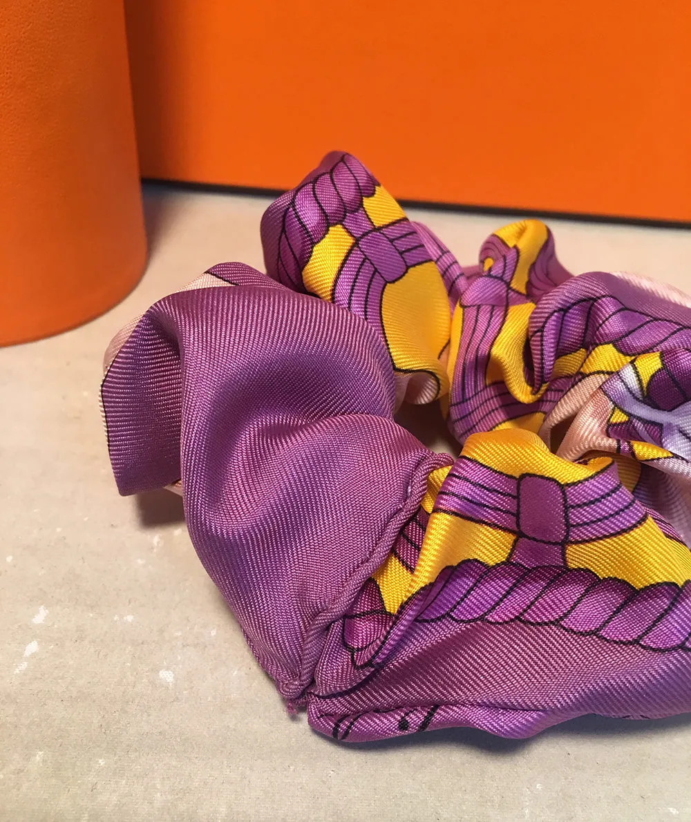 Vintage Hermes Handmade Souvenirs d'Asie Silk Scarf Scrunchie in Purple