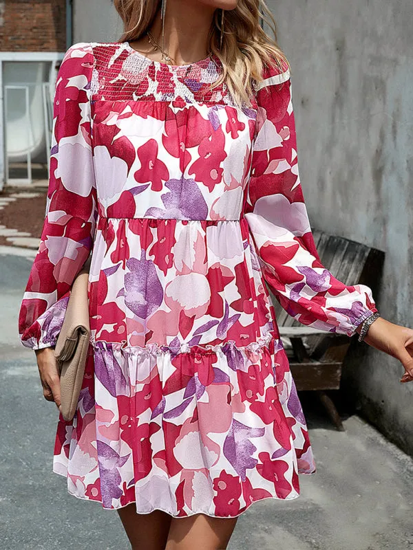 Women's Floral Print Round Neck Chiffon Layered Dress With Long Sleeves