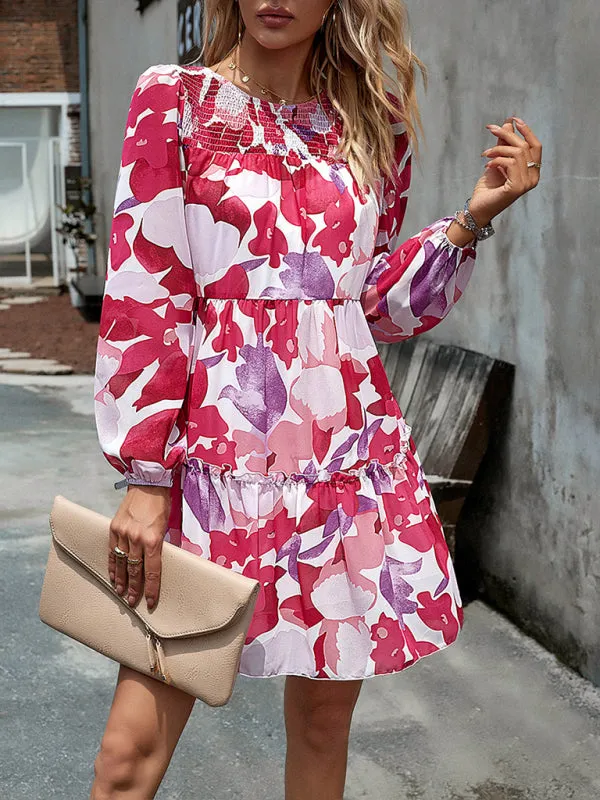 Women's Floral Print Round Neck Chiffon Layered Dress With Long Sleeves