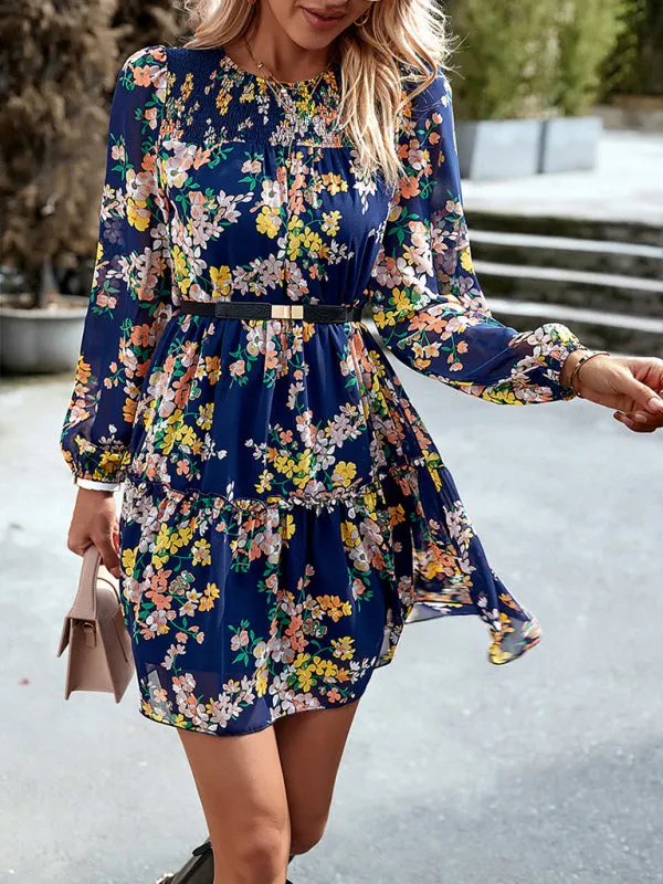 Women's Floral Print Round Neck Chiffon Layered Dress With Long Sleeves